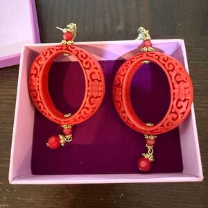 Chic Red Floral Hoop Earrings
